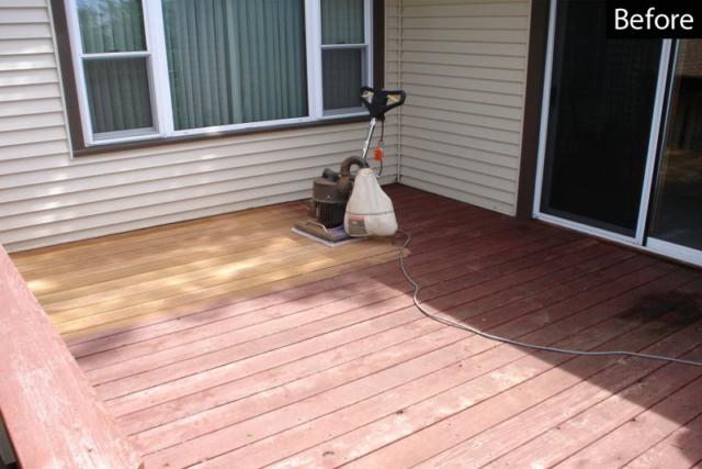 Sanding to remove old stain on a wood deck