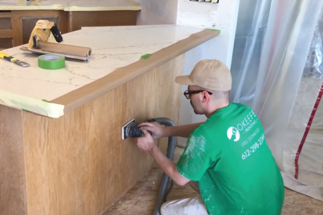 Using festool to scuff sand cabinet boxes before oil priming