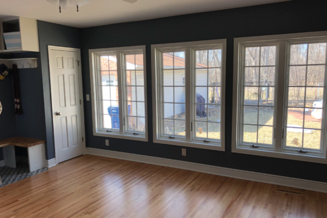 Trim, windows and doors painted with Benjamin Moore Cloud Cover